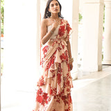 DIPTI DHILLON | BEIGE AND RED ISHNA DRAPED SAREE , BELT AND EMBELLISHED CROP TOP