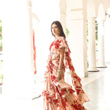 DIPTI DHILLON | BEIGE AND RED ISHNA DRAPED SAREE , BELT AND EMBELLISHED CROP TOP