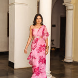 PINK ADYA DRAPED RUFFLE SAREE WITH CROP TOP AND BELT