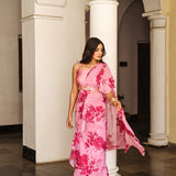 PINK ADYA DRAPED RUFFLE SAREE WITH CROP TOP AND BELT
