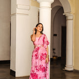 PINK ADYA DRAPED RUFFLE SAREE WITH CROP TOP AND BELT