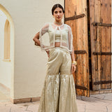 GOLD FREYA PEARL CAPE, CROP TOP, FLAIR PANTS- SET OF THREE