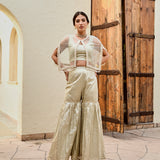 GOLD FREYA PEARL CAPE, CROP TOP, FLAIR PANTS- SET OF THREE