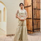 GOLD FREYA PEARL CAPE, CROP TOP, FLAIR PANTS- SET OF THREE