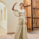 GOLD FREYA PEARL CAPE, CROP TOP, FLAIR PANTS- SET OF THREE