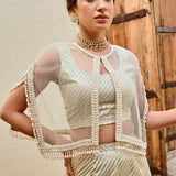 GOLD FREYA PEARL CAPE, CROP TOP, FLAIR PANTS- SET OF THREE