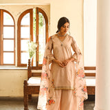 BEIGE JANVI KURTA, SHARARA & CHANDHERI ODHANI SET OF THREE