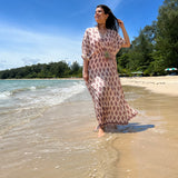 PEACH BLOCK PRINT MASHA KAFTAN DRESS