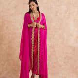 FUCHSIA PINK RUMI BANDHNI DRESS & CAPE SET OF TWO