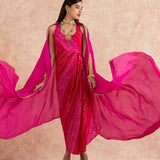 FUCHSIA PINK RUMI BANDHNI DRESS & CAPE SET OF TWO