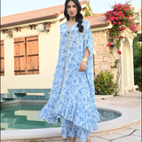 BLUE ZEENAT KAFTAN TOP, PANTS & BELT SET OF THREE