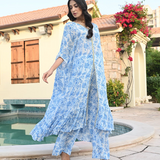 BLUE ZEENAT KAFTAN TOP, PANTS & BELT SET OF THREE