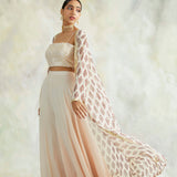 PEACH NAAZ GOTA CAPE,  EMBROIDERED CROP TOP  WITH FLAIR PANTS