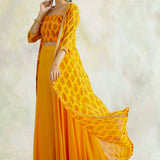 RAVEENA TANDON | MUSTARD NAAZ CAPE WITH CROP TOP AND PANT SET OF THREE