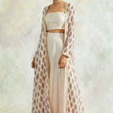 PEACH NAAZ GOTA CAPE, EMBROIDERED CROP TOP WITH FLAIR PANTS SET OF THREE