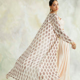 PEACH NAAZ GOTA CAPE, EMBROIDERED CROP TOP WITH FLAIR PANTS SET OF THREE