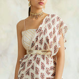 PEACH ISHNA PRE STICTHED SAREE WITH HEAVY GOTA BLOUSE AND BELT SET OF 3