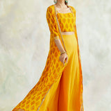 RAVEENA TANDON | MUSTARD NAAZ CAPE WITH CROP TOP AND PANT SET OF THREE