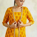 RAVEENA TANDON | MUSTARD NAAZ CAPE WITH CROP TOP AND PANT SET OF THREE