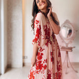 SAKSHI MEHRA I BEIGE & RED FLORAL MASHA KAFTAN