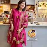 CHEF AMRITA RAICHAND | PINK AVNI PURE CHANDHERI KURTA FLARED PANTS & DUPATTA I SET OF THREE