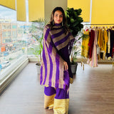 PURPLE AVNI PURE CHANDHERI KURTA, ODHANI & PALLAZO SET OF THREE