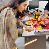 MASOOM MINAWALA | ADIVA GREY CHANDHERI KURTA, FLARED PANTS & ODHANI SET OF THREE