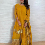 SEEMA K SAJDEH | MUSTARD AVNI KURTA, PANTS, ODHANI | SET OF THREE