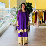 PURPLE AVNI PURE CHANDHERI KURTA, ODHANI & PALLAZO SET OF THREE