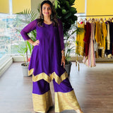 PURPLE AVNI PURE CHANDHERI KURTA, ODHANI & PALLAZO SET OF THREE