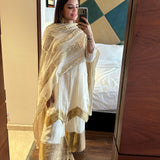 Cream Avni Chandheri Kurta, Palazzo Pants & Odhani Set of Three