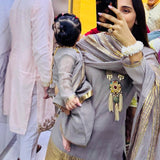 MASOOM MINAWALA | ADIVA GREY CHANDHERI KURTA, FLARED PANTS & ODHANI SET OF THREE