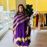 PURPLE AVNI PURE CHANDHERI KURTA, ODHANI & PALLAZO SET OF THREE