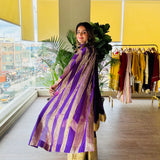PURPLE AVNI PURE CHANDHERI KURTA, ODHANI & PALLAZO SET OF THREE