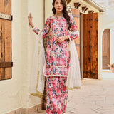 PINK NURA CHANDERI KURTA , FLAIR PANTS AND NET ODHANI SET OF THREE