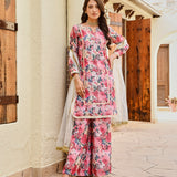 PINK NURA CHANDERI KURTA , FLAIR PANTS AND NET ODHANI SET OF THREE