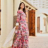 PINK NURA CHANDERI KURTA , FLAIR PANTS AND NET ODHANI SET OF THREE