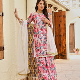 PINK NURA CHANDERI KURTA , FLAIR PANTS AND NET ODHANI SET OF THREE