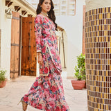 PINK NURA CHANDERI KURTA , FLAIR PANTS AND NET ODHANI SET OF THREE