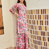 PINK NURA CHANDERI KURTA , FLAIR PANTS AND NET ODHANI SET OF THREE