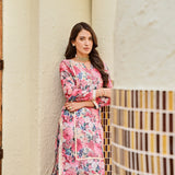 PINK NURA CHANDERI KURTA , FLAIR PANTS AND NET ODHANI SET OF THREE