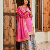 PINK MULMUL KURTA , CHANDERI FLAIR PANTS AND COTTON MULMUL ODHANI