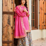 PINK MULMUL KURTA , CHANDERI FLAIR PANTS AND COTTON MULMUL ODHANI