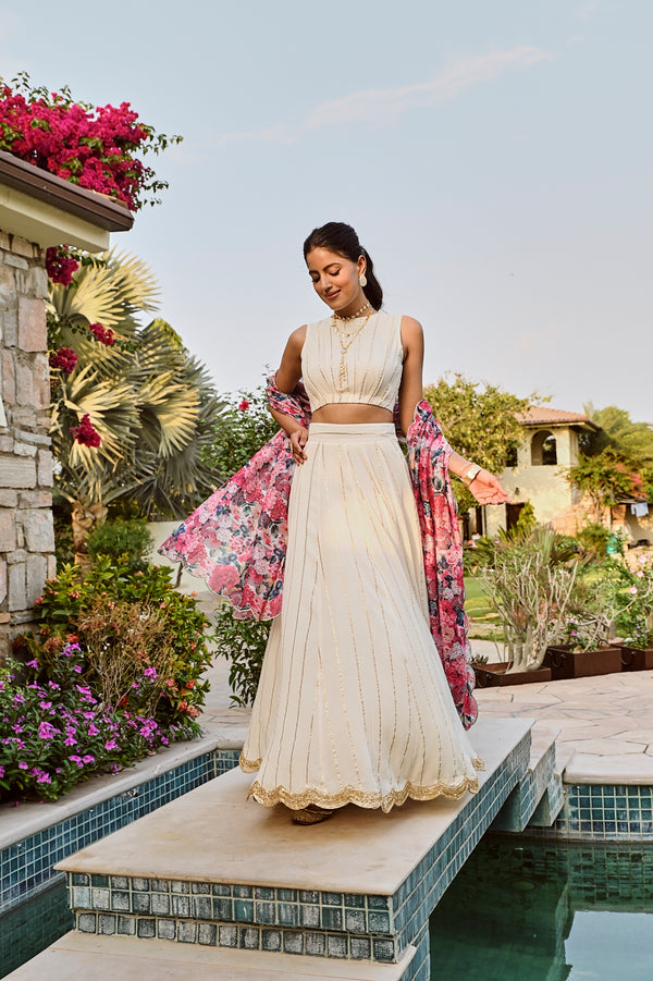 IVORY DISHA | CROP TOP, LENHEGA SKIRT ,DUPATTA | SET OF TWO