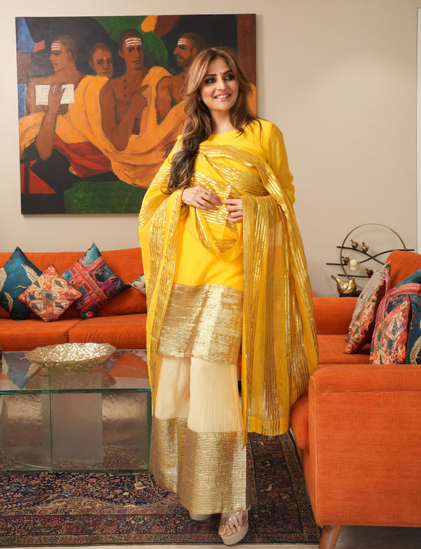 TANAAZ DOSHI | YELLOW ADIVA KURTA, SHARARA , DUPATTA | SET OF THREE