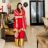 AVNI PURE CHANDHERI RED KURTA SHARARA & DUPATTA I SET OF THREE