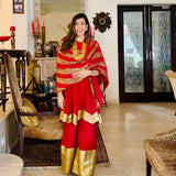 AVNI PURE CHANDHERI RED KURTA SHARARA & DUPATTA I SET OF THREE