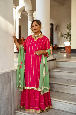Fushcia pink sangeet suit with odhani
