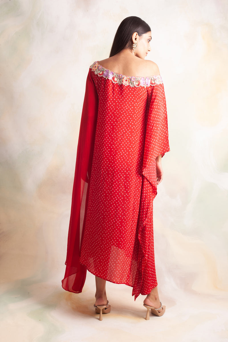 RED BANDHANI RIMI OFF SHOULDER DRESS