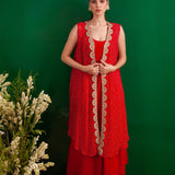 RED BANDHANI TASHA CAPE AND DRESS SET